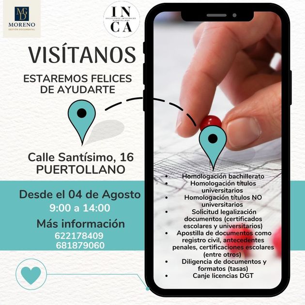 Gráfico promocional de los servicios de INCA en Puertollano, España. Muestra un teléfono con un mapa, una mano señalando una ubicación e información de contacto.