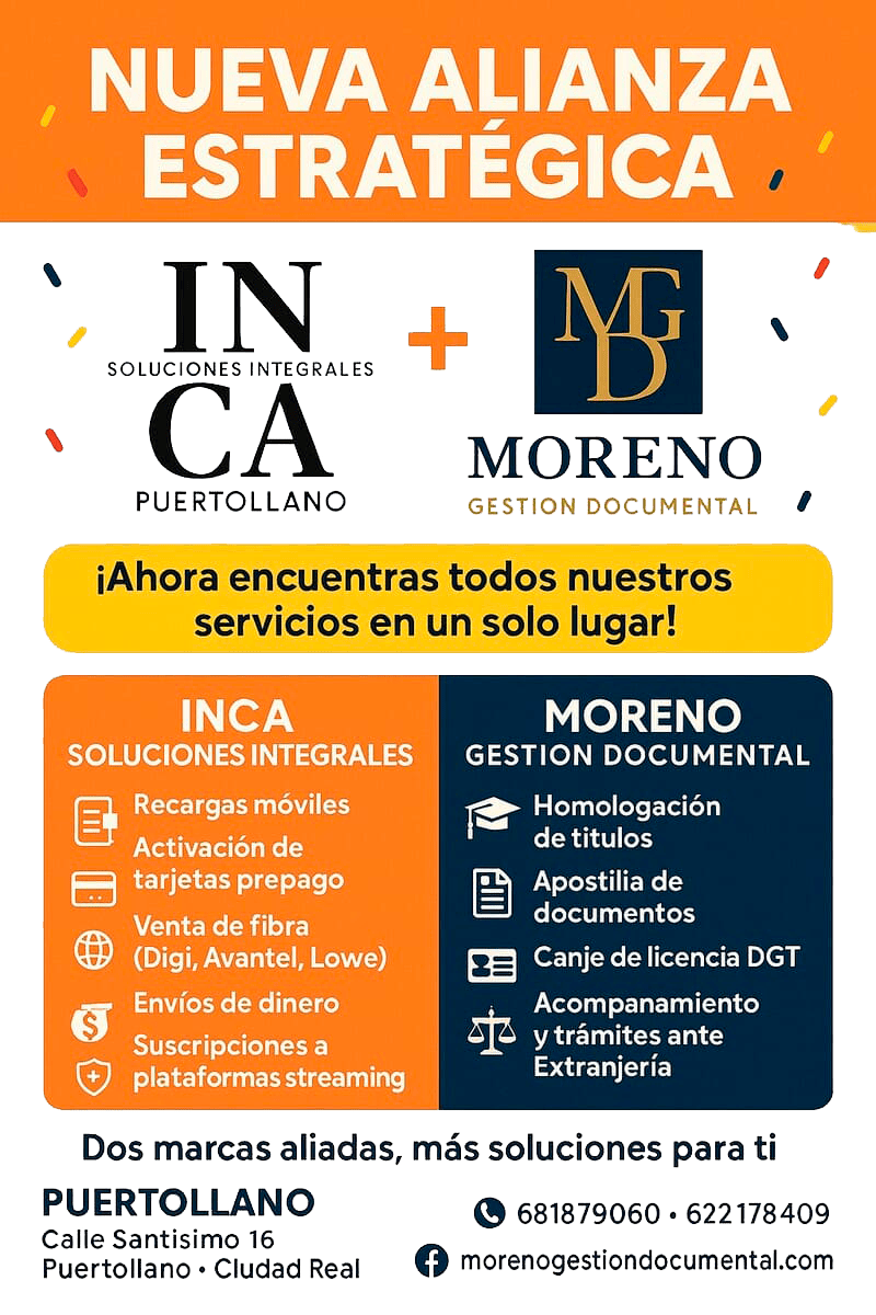 Anuncio de una alianza estratégica entre INCA y Moreno en Puertollano. Incluye servicios como recargas móviles y gestión documental.
