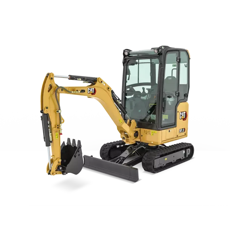 Ein kleiner gelber Bagger mit einer Schaufel auf weißem Hintergrund.