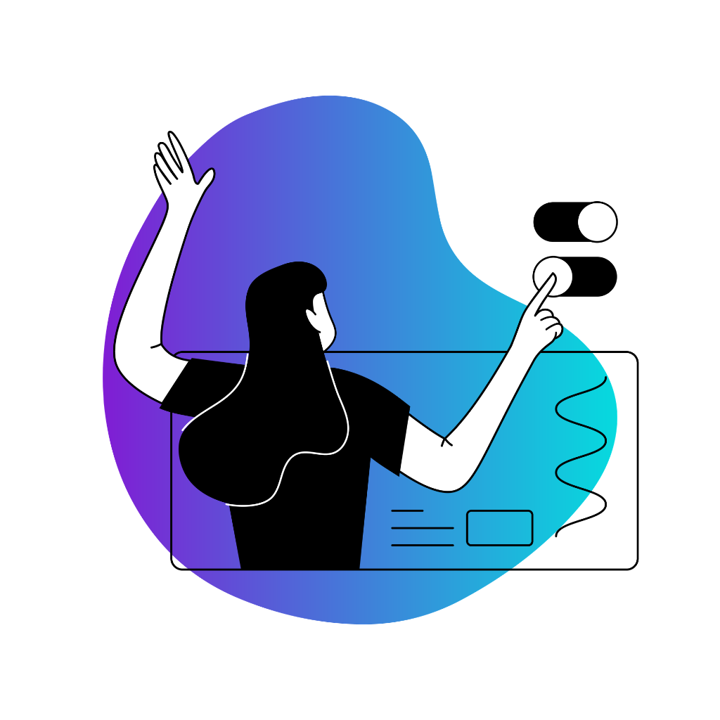 Mujer interactuando con un cerebro de IA y una interfaz digital. Fondo degradado morado y azul.