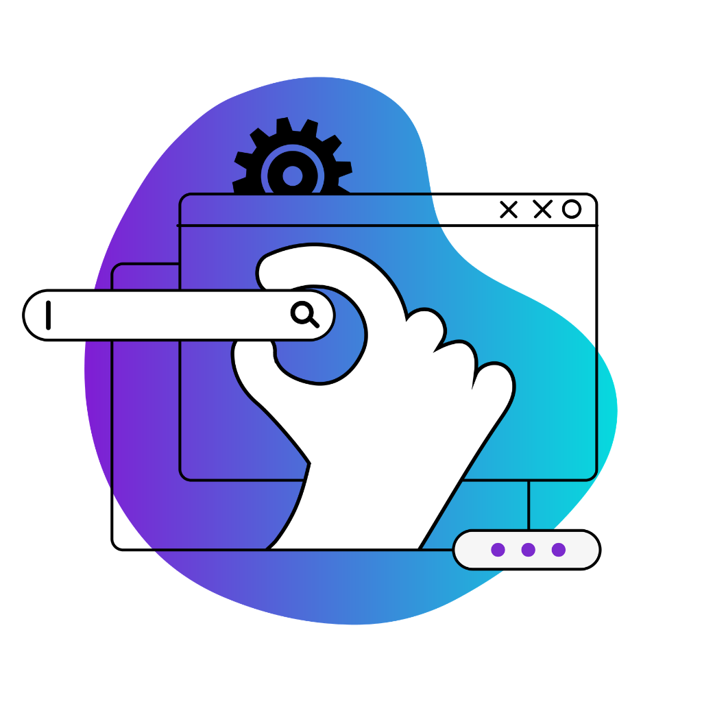 Mano que busca la lupa de búsqueda en la ventana del navegador, con un icono de engranaje.