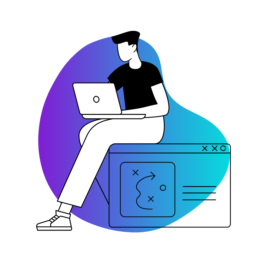 Mujer interactuando con un cerebro de IA y una interfaz digital. Fondo degradado morado y azul.