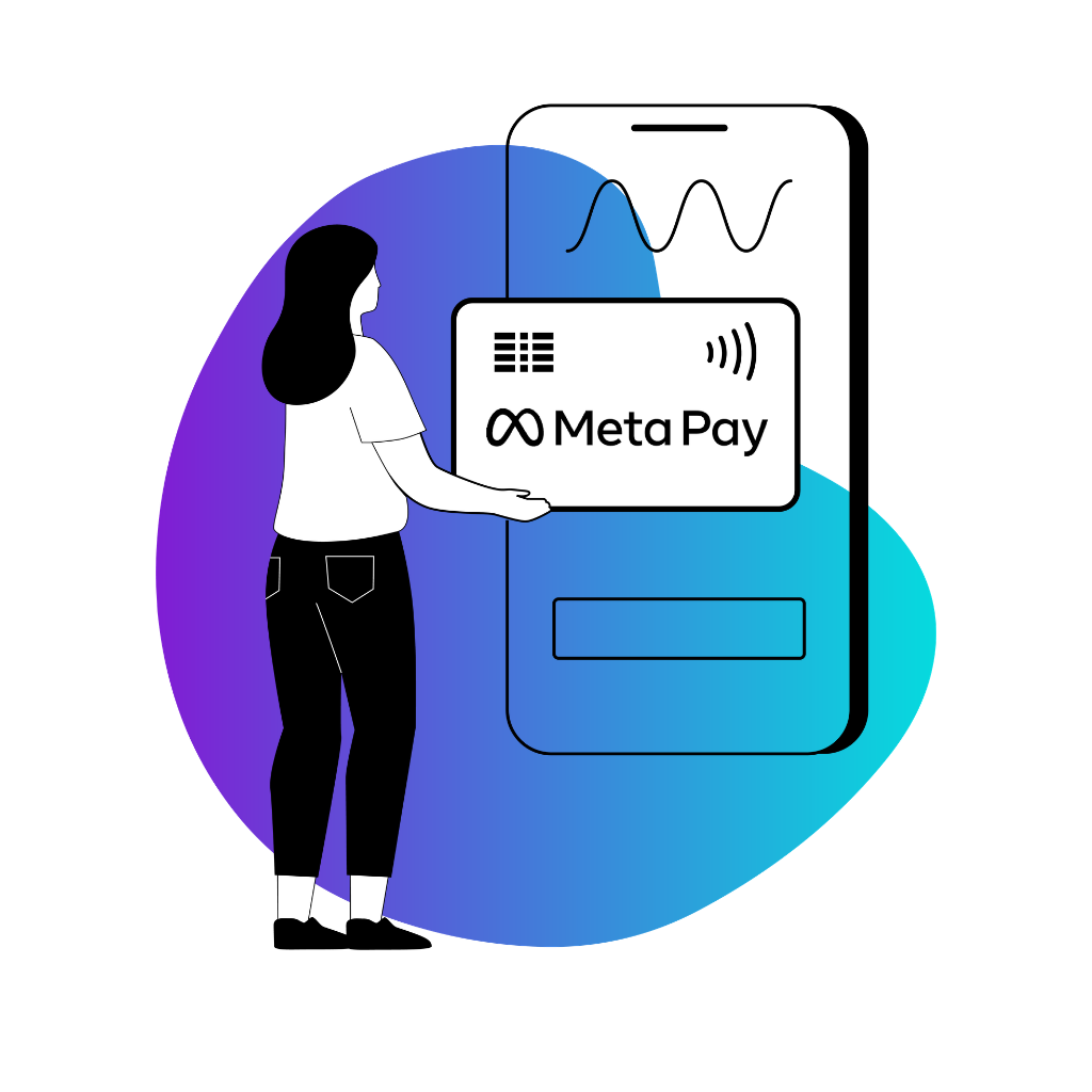 Mujer sosteniendo una tarjeta Meta Pay junto a un teléfono inteligente con un gráfico de ondas.