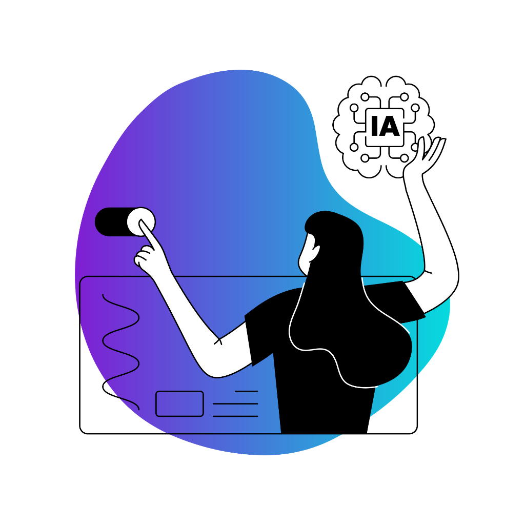 Mujer interactuando con un cerebro de IA y una interfaz digital. Fondo degradado morado y azul.