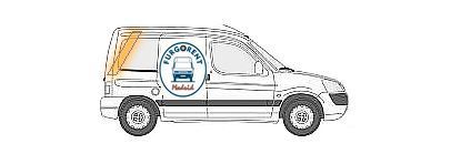 Un dibujo de una furgoneta blanca con un logo en el lateral.