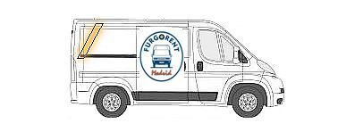 Un dibujo de una furgoneta blanca con un logo en el lateral.
