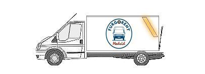 Un dibujo de un camión blanco con un logo en el costado.