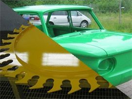 Geteiltes Bild eines Autolackierung und eines Sägeblatts