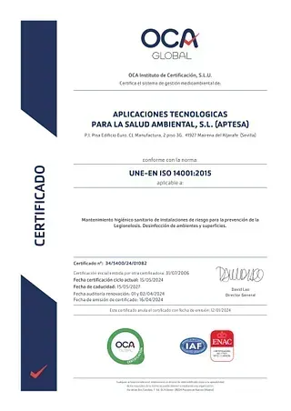 Certificado de OCA Global en tecnologías de salud ambiental.
