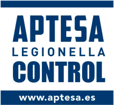 Logotipo azul y blanco de Aptesa Legionella Control con dirección web.