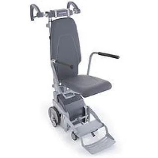 Una silla para subir escaleras con ruedas y asa sobre un fondo blanco.