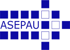 Un logotipo para una empresa llamada asepau con cuadrados azules sobre fondo blanco.