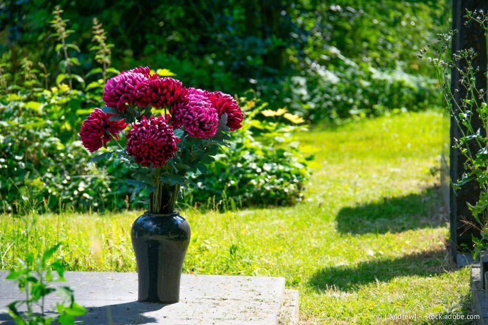 Dunkle Vase mit magentafarbenen Dahlien auf einer Steinstufe vor sonnigem Gartenhintergrund.