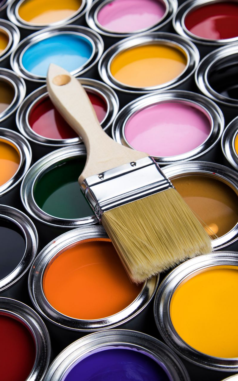Plusieurs pots de peinture de différentes couleurs.