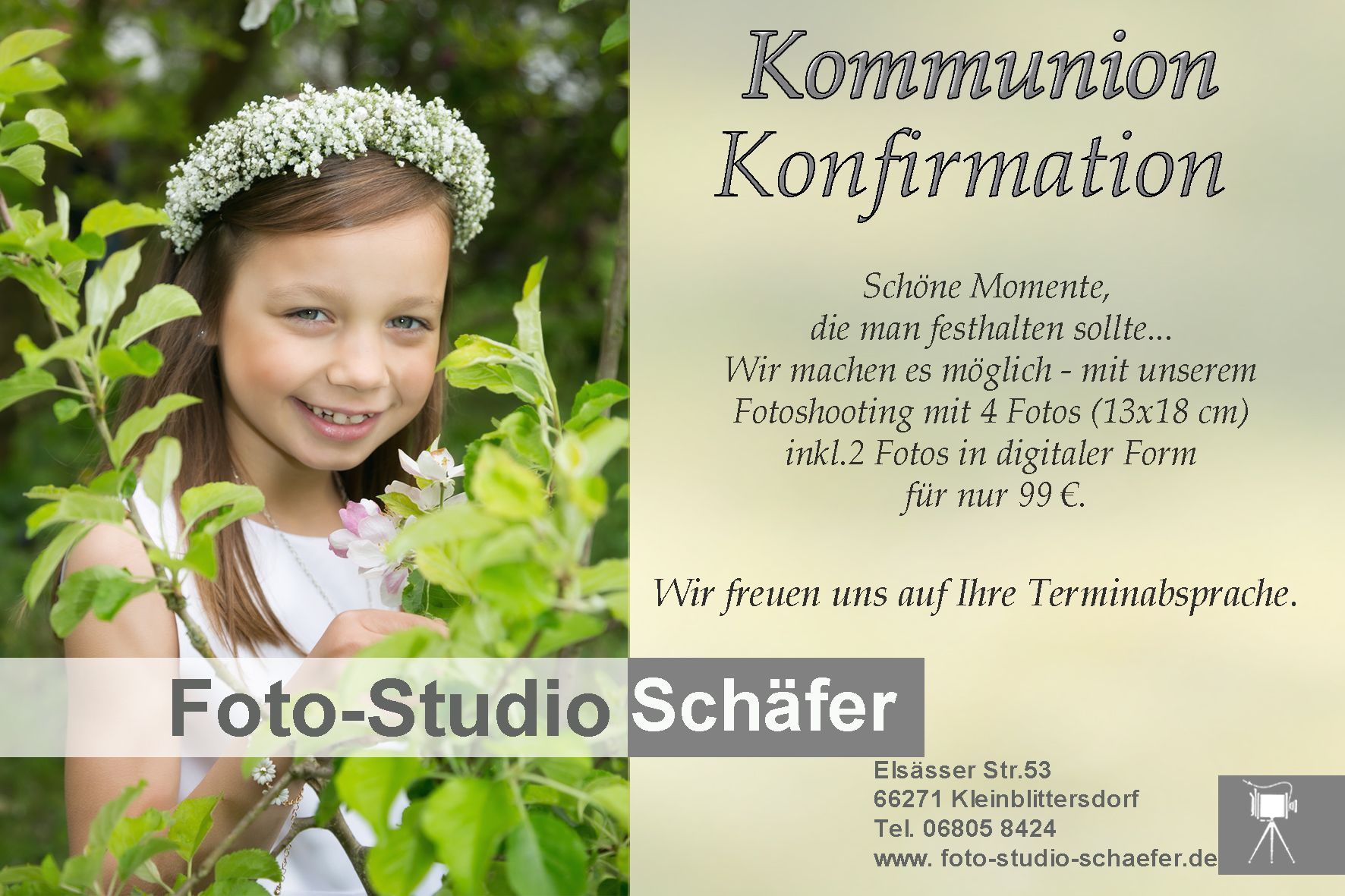 Babyfoto-Anzeige: Lächelndes Kind, Angebot: 4 Fotos, 1 Vergrößerung, 10 Karten für 69,95 €, Zeitraum: 03.11.-13.12.2025.