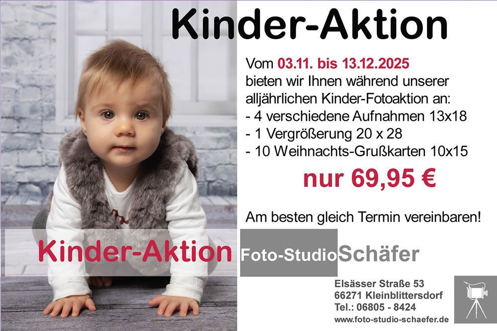 Babyfoto-Anzeige: Lächelndes Kind, Angebot: 4 Fotos, 1 Vergrößerung, 10 Karten für 69,95 €, Zeitraum: 03.11.-13.12.2025.