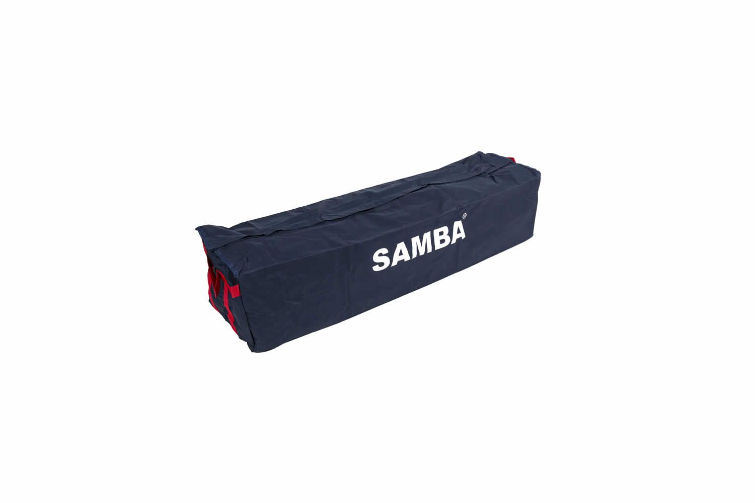 A blue bag with the word samba on it