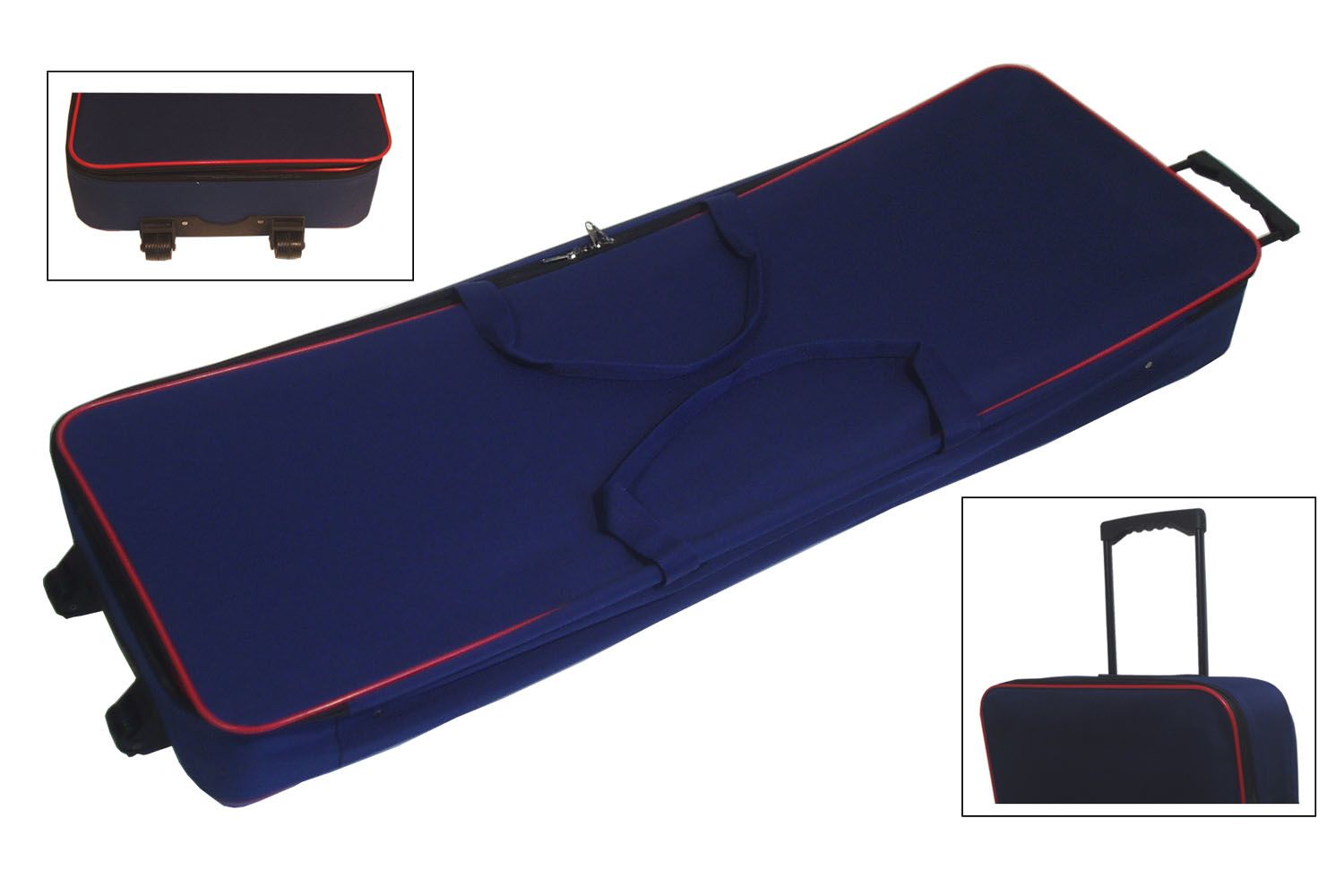 A blue suitcase with wheels and a red trim