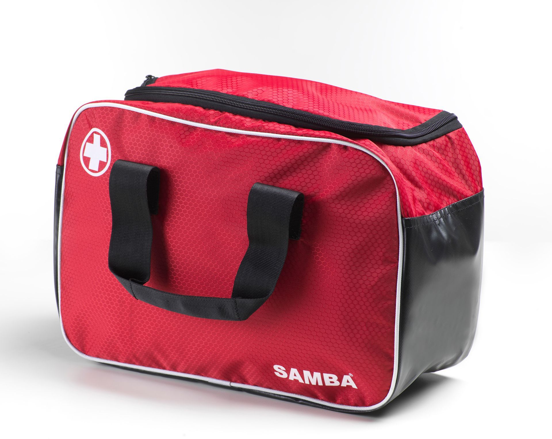 A red samba bag with black handles on a white background