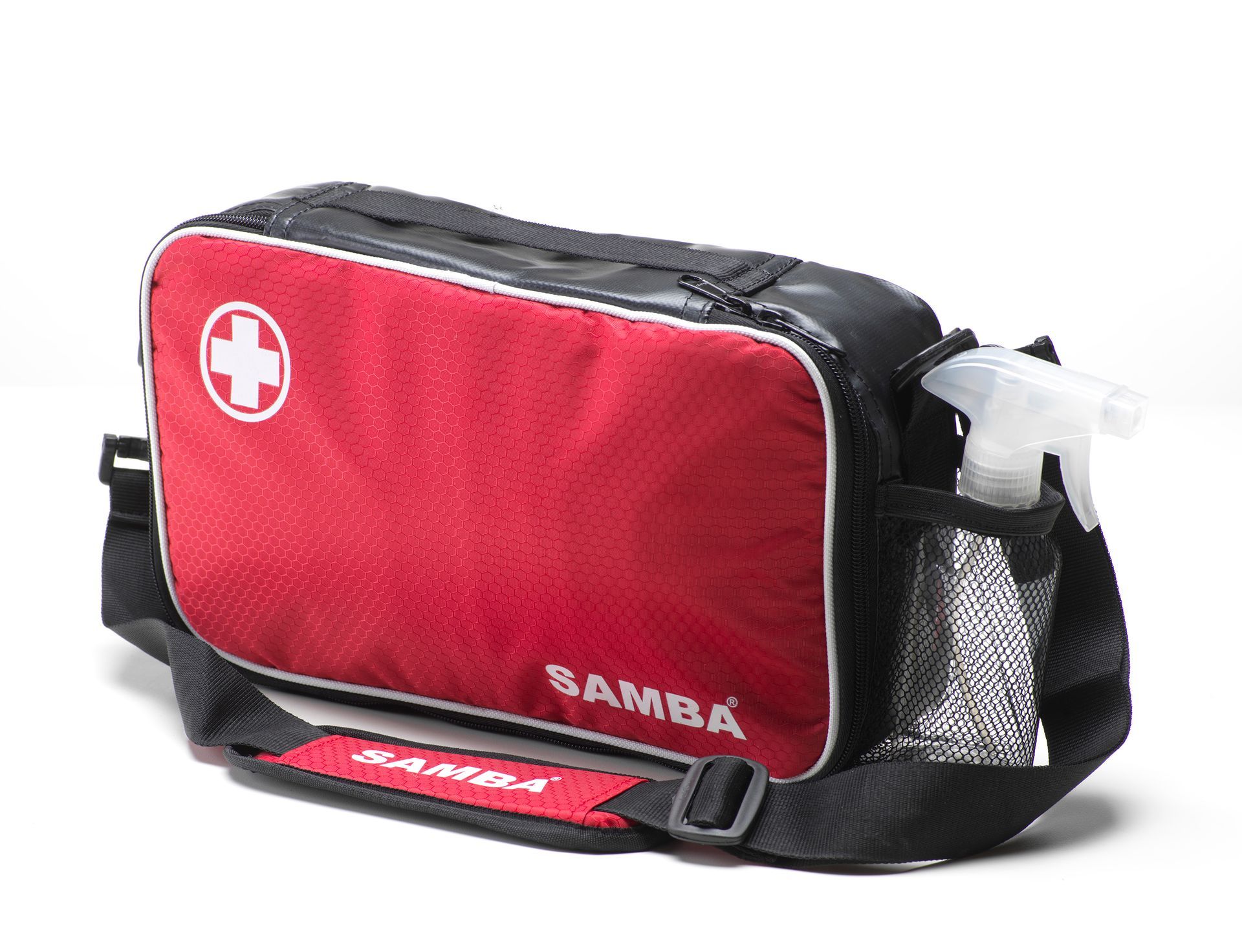 A red samba bag with a black strap