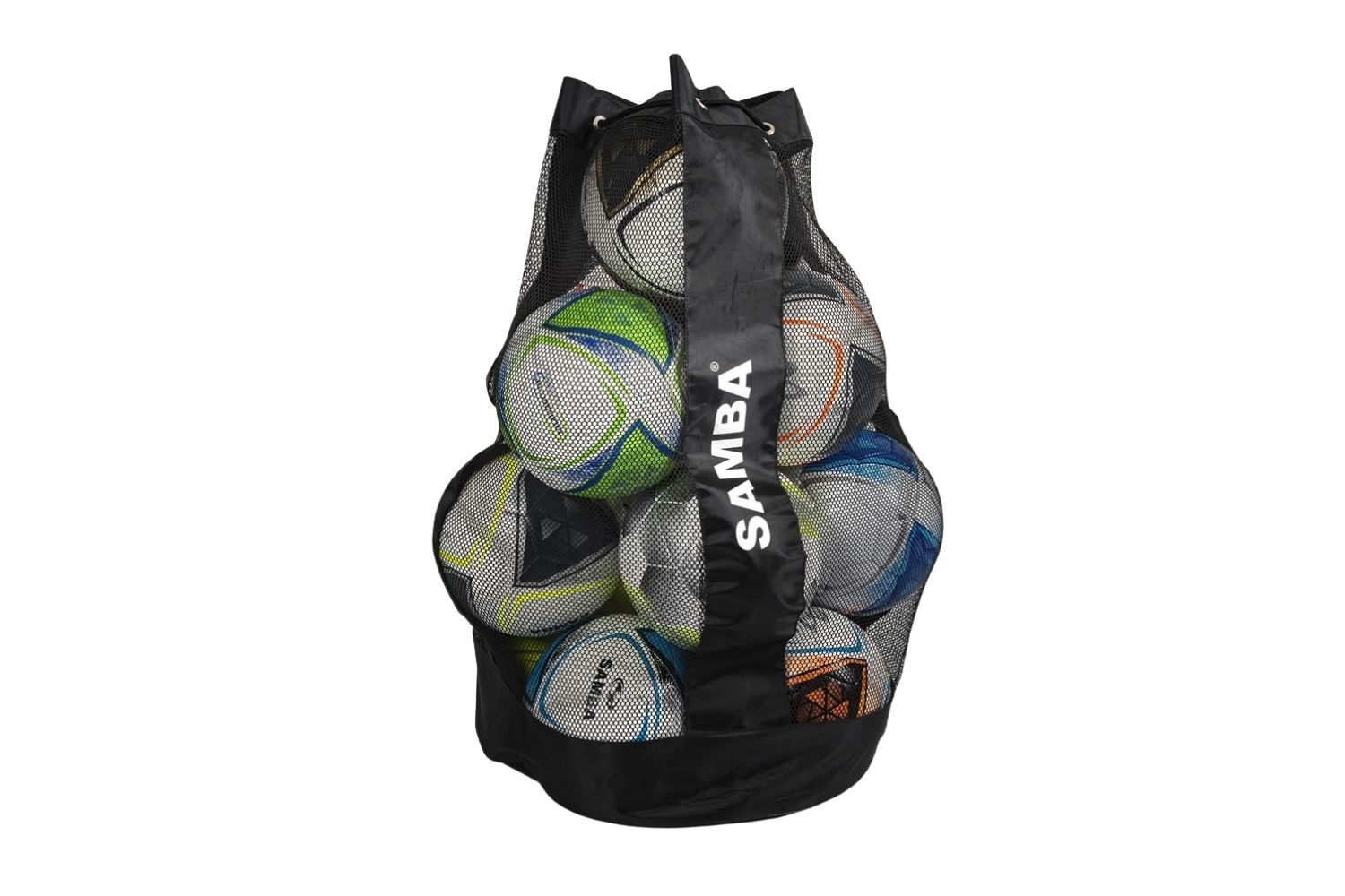 A bag filled with soccer balls that says samba on it