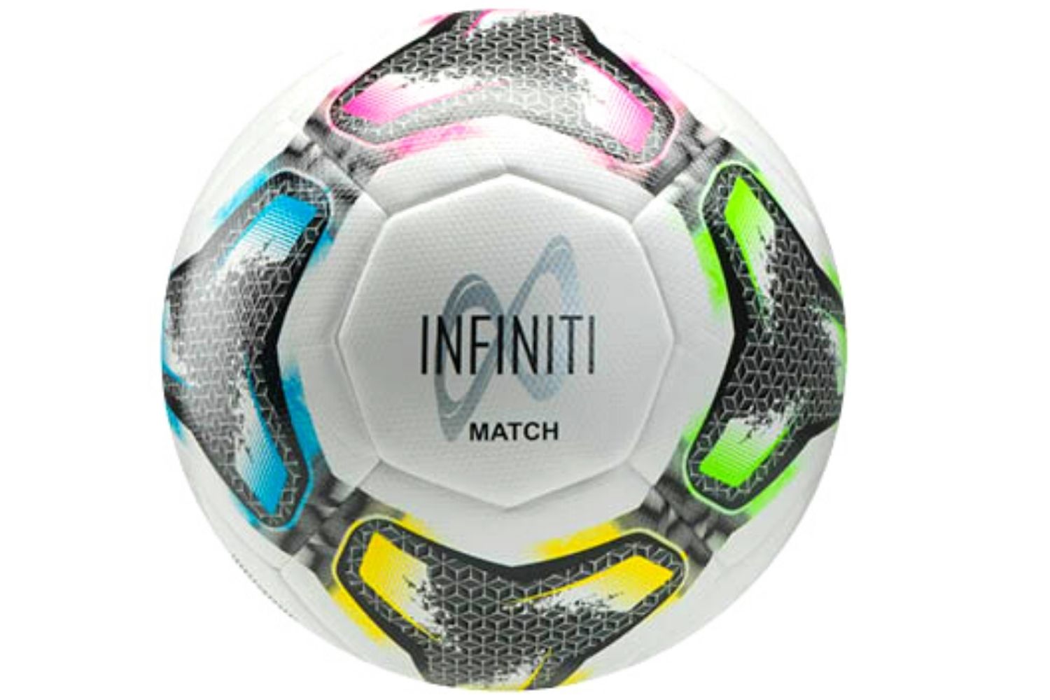 A white infinity match soccer ball on a white background