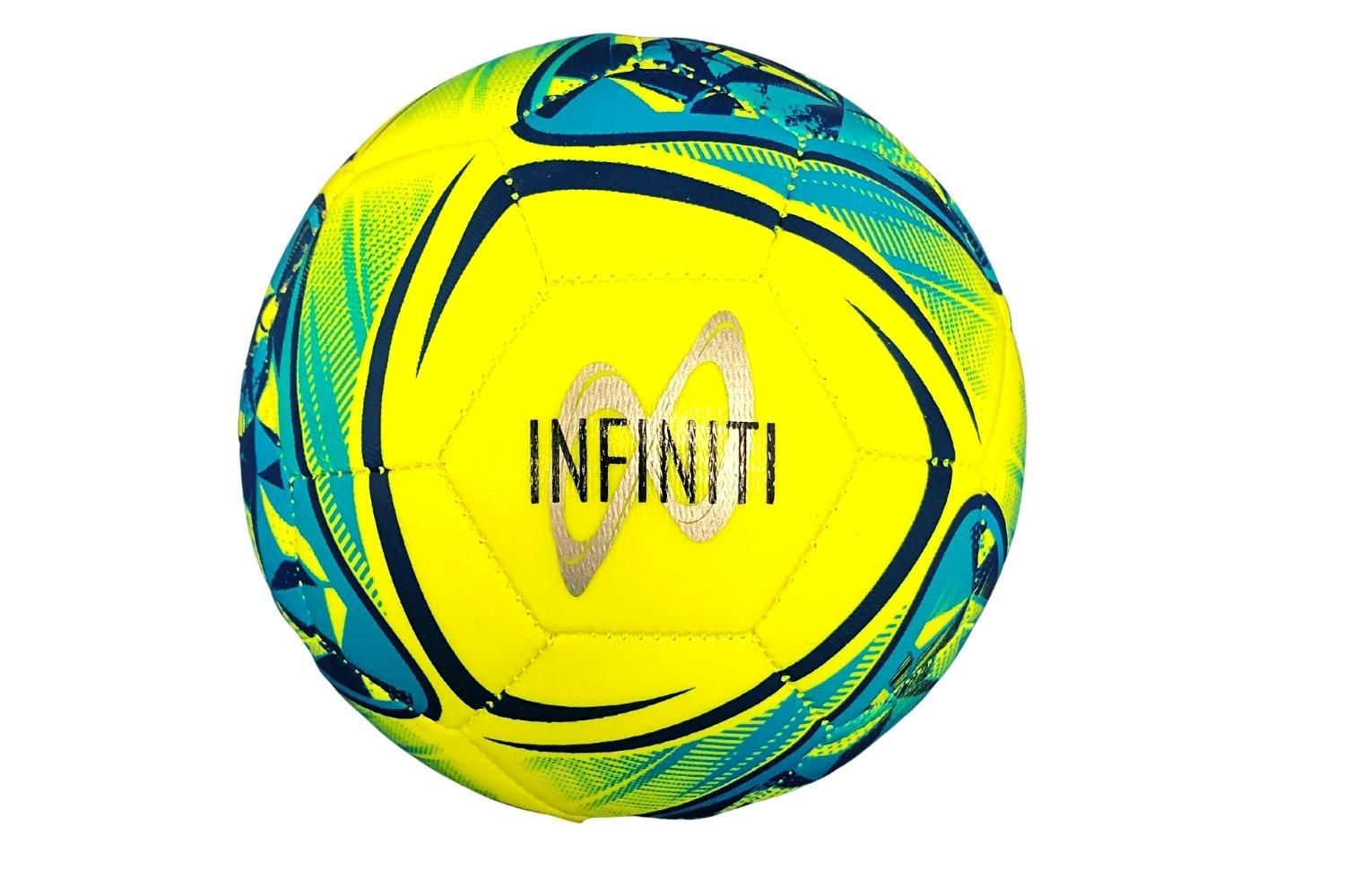 A yellow and blue infinity soccer ball on a white background
