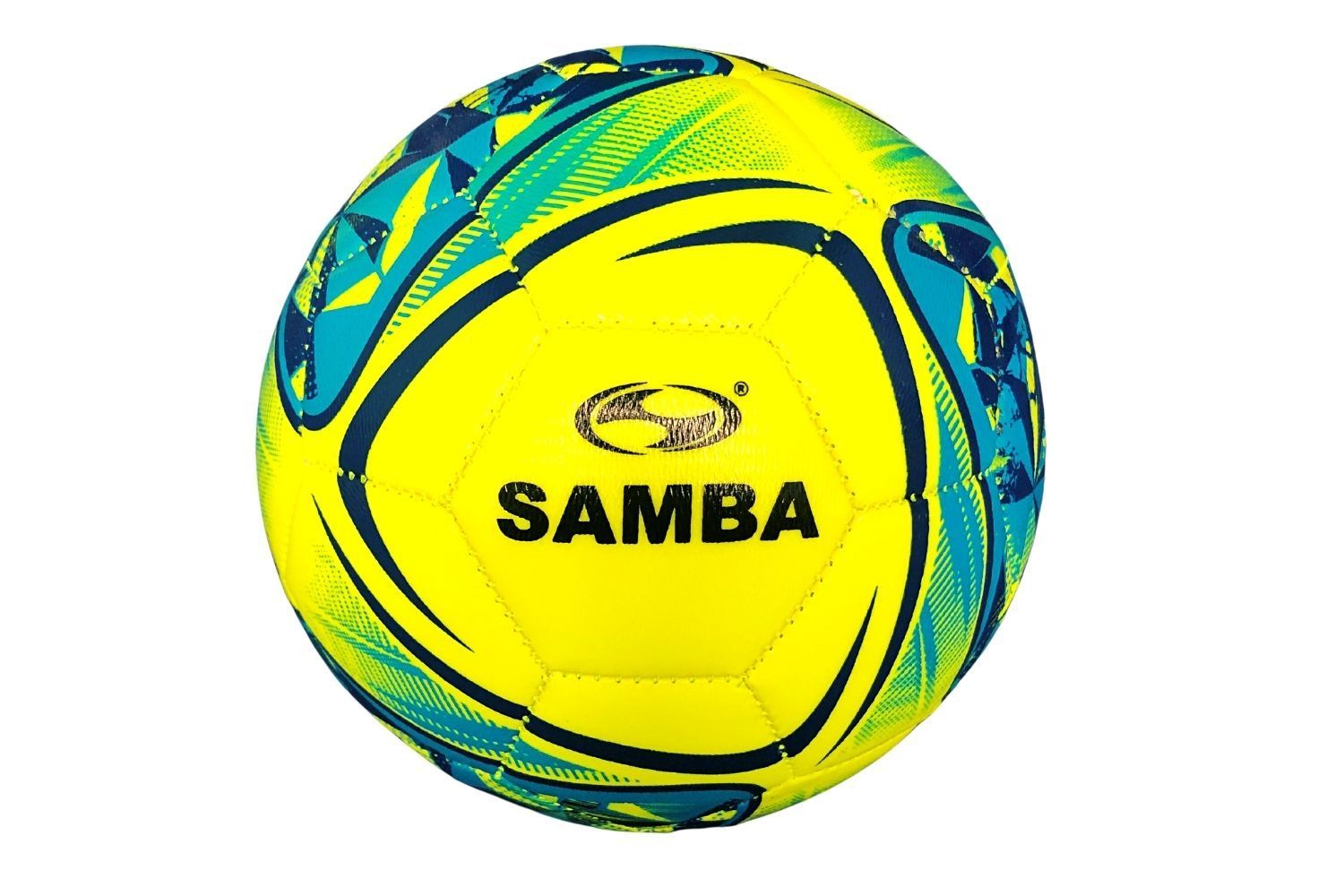 A yellow and blue infinity soccer ball on a white background