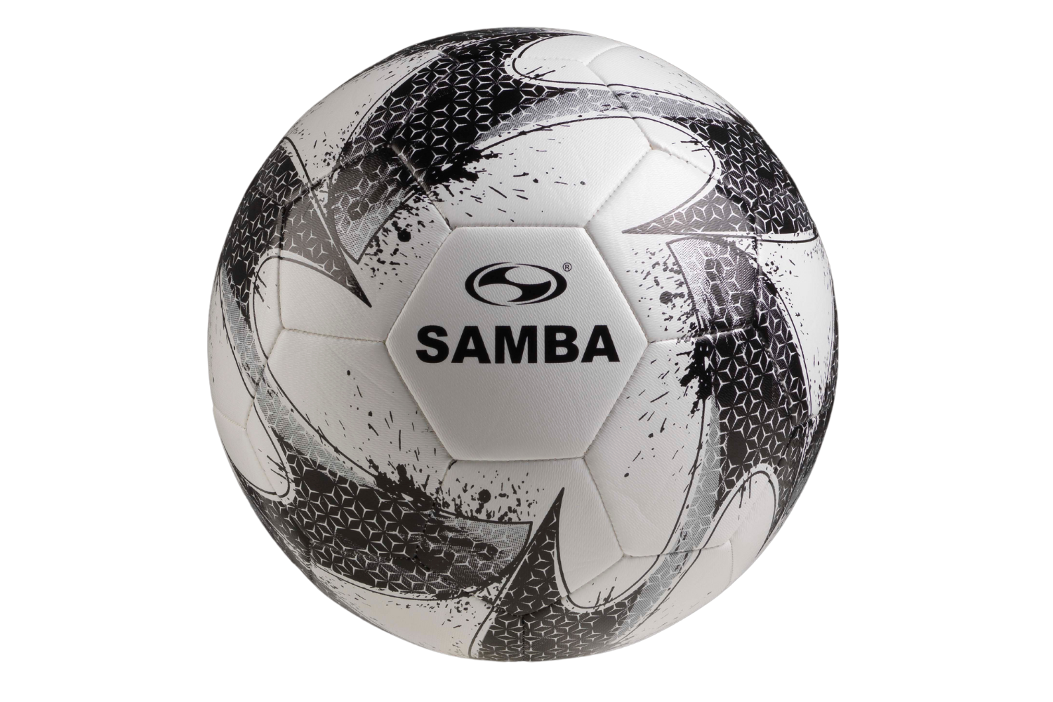 A black and white samba soccer ball on a white background