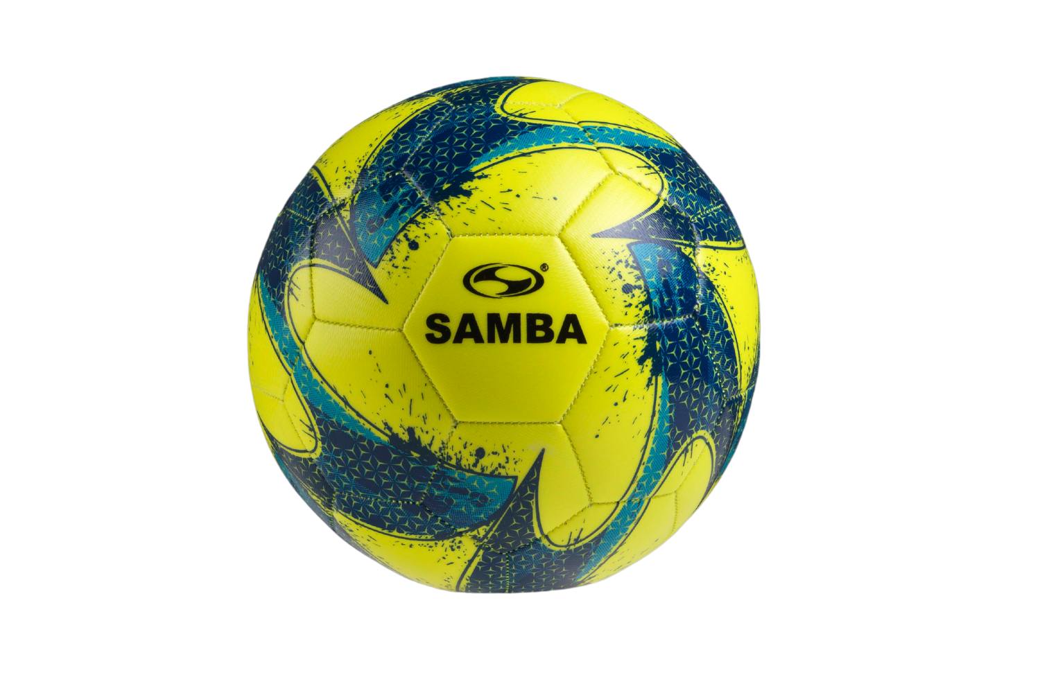 A yellow and blue samba soccer ball on a white background