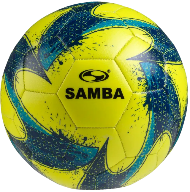 A yellow and blue samba soccer ball on a white background