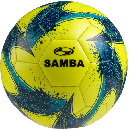 A yellow and blue samba soccer ball on a white background