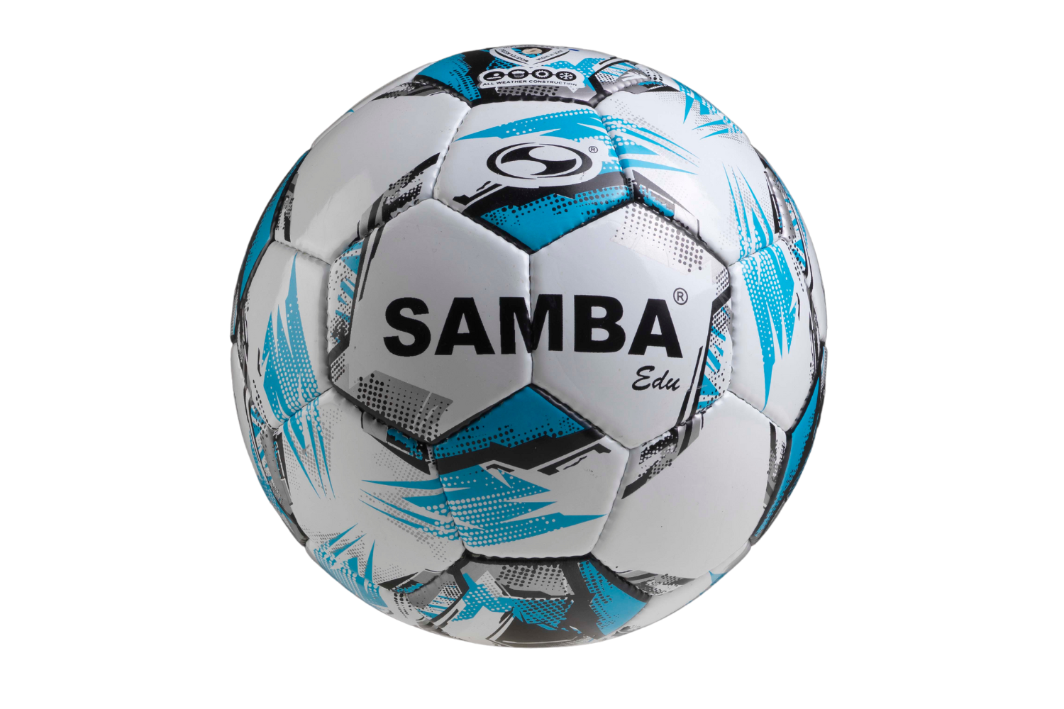A white and blue samba soccer ball on a white background