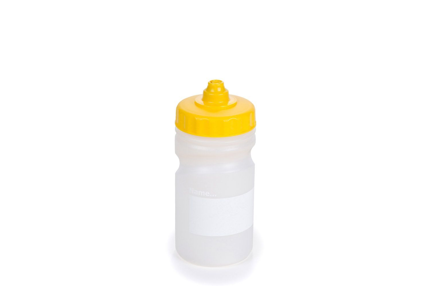 A clear plastic bottle with a yellow cap