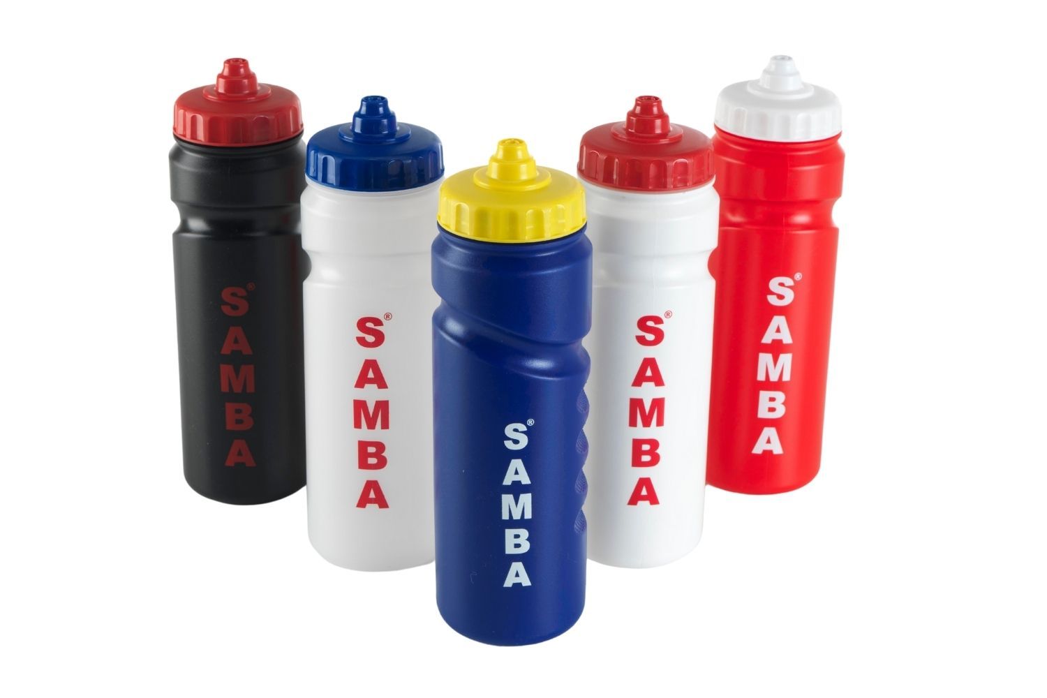 A group of water bottles with samba written on them