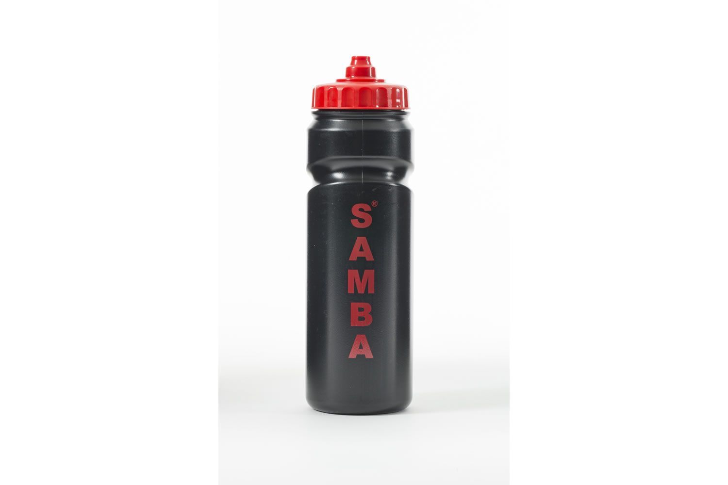 A black water bottle with samba written on it