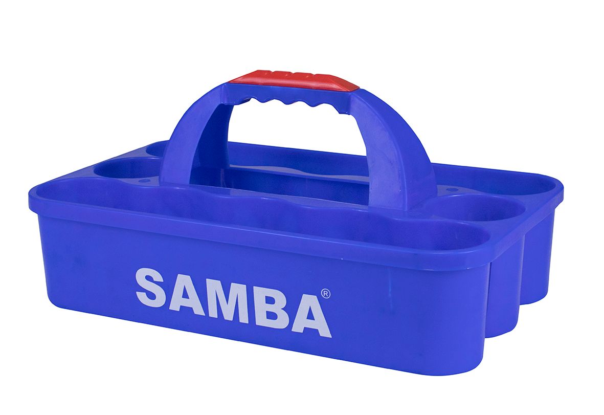 A blue samba tray with a red handle