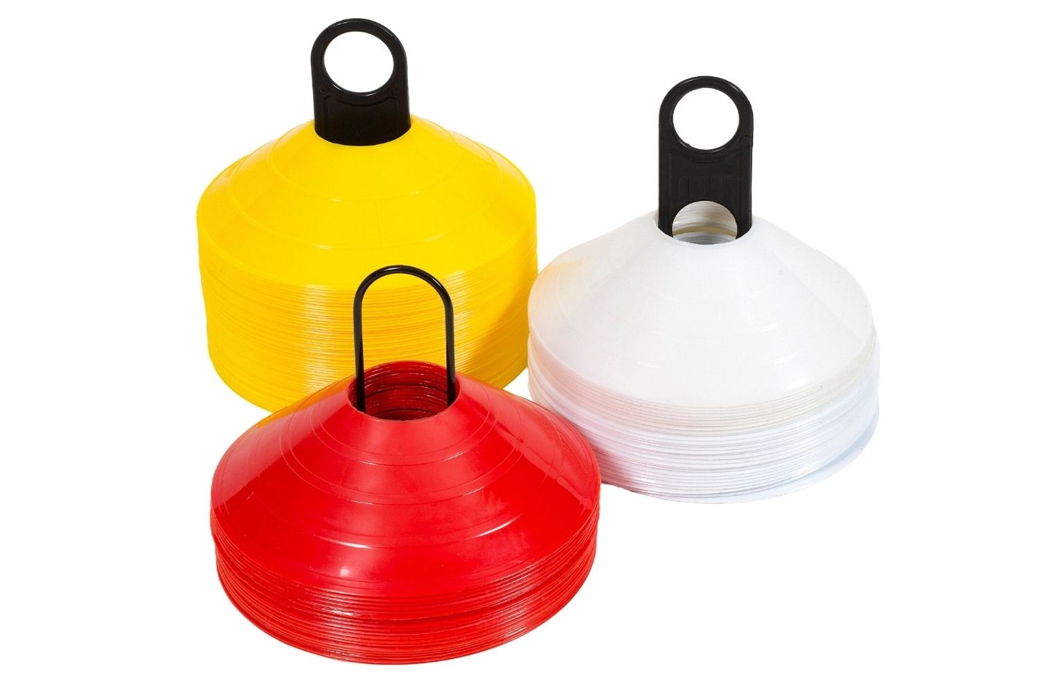 A yellow red and white cone with a black handle