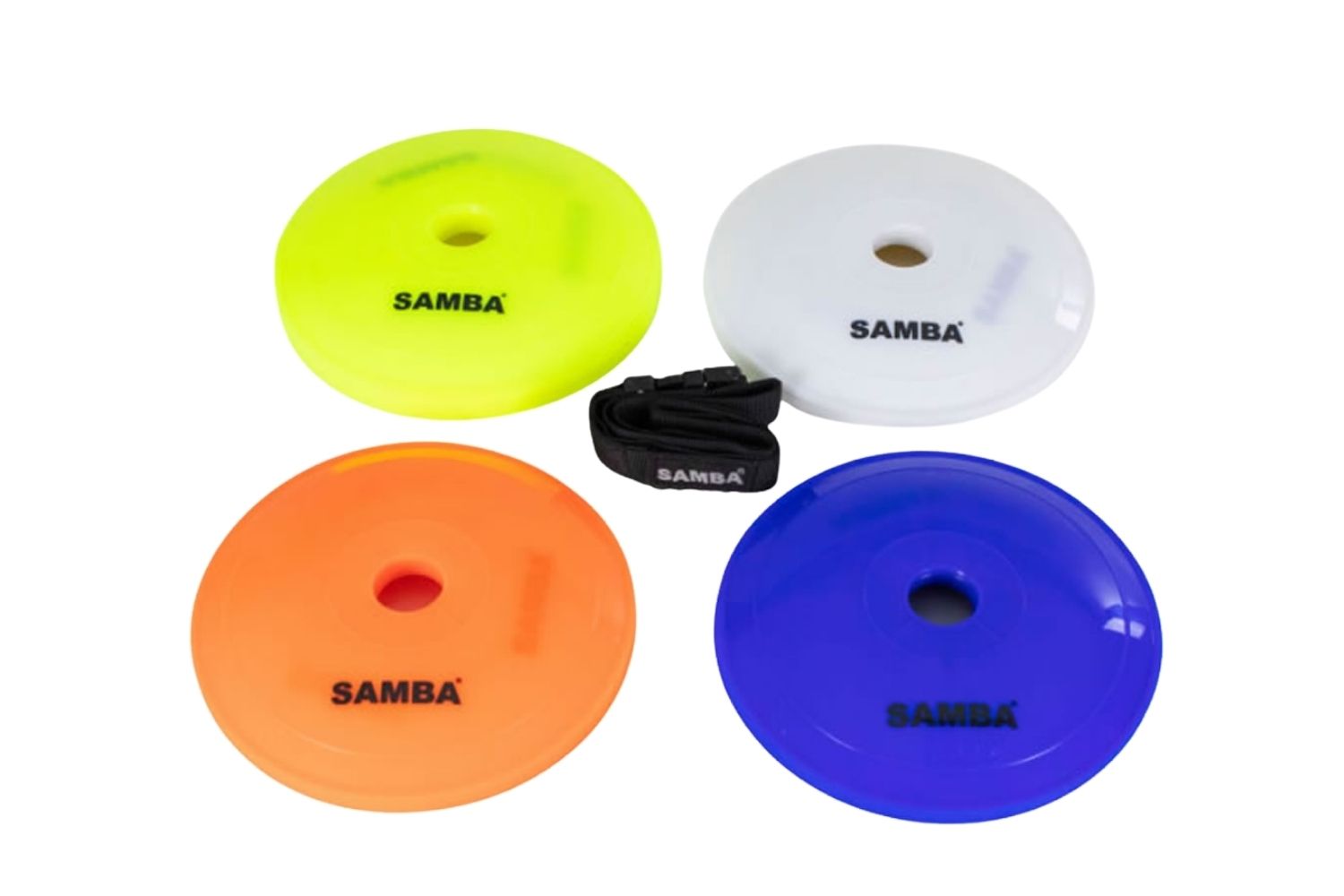 A set of four samba frisbees in different colors