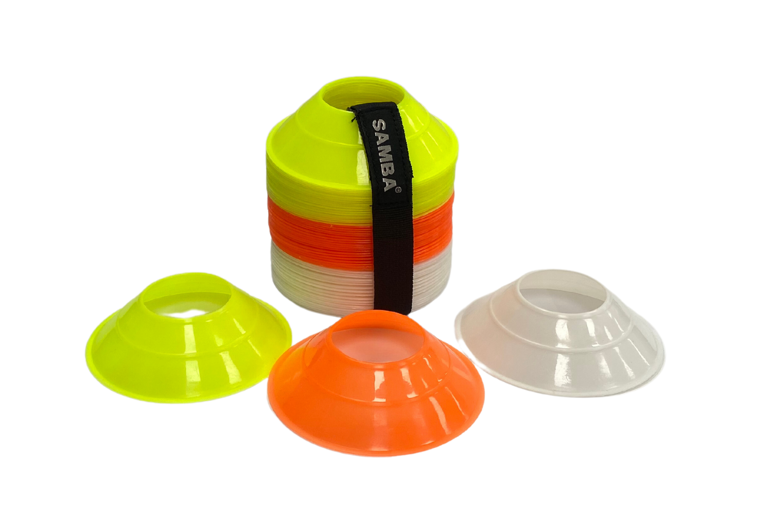 A stack of yellow orange and white cones with a black strap
