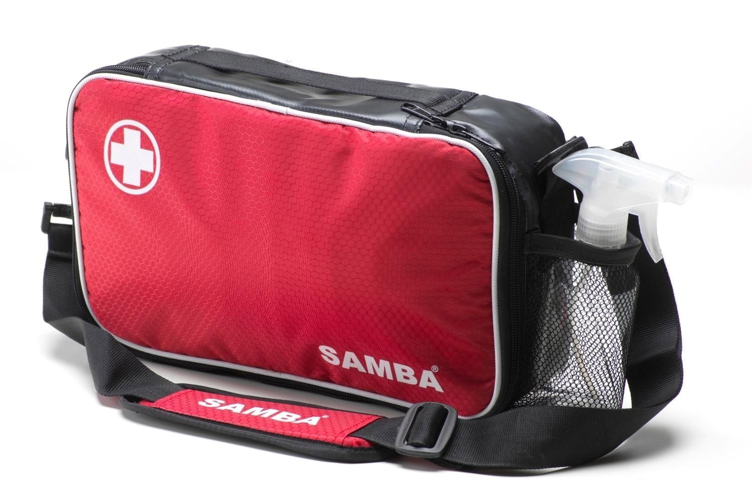 A red samba bag with a black strap