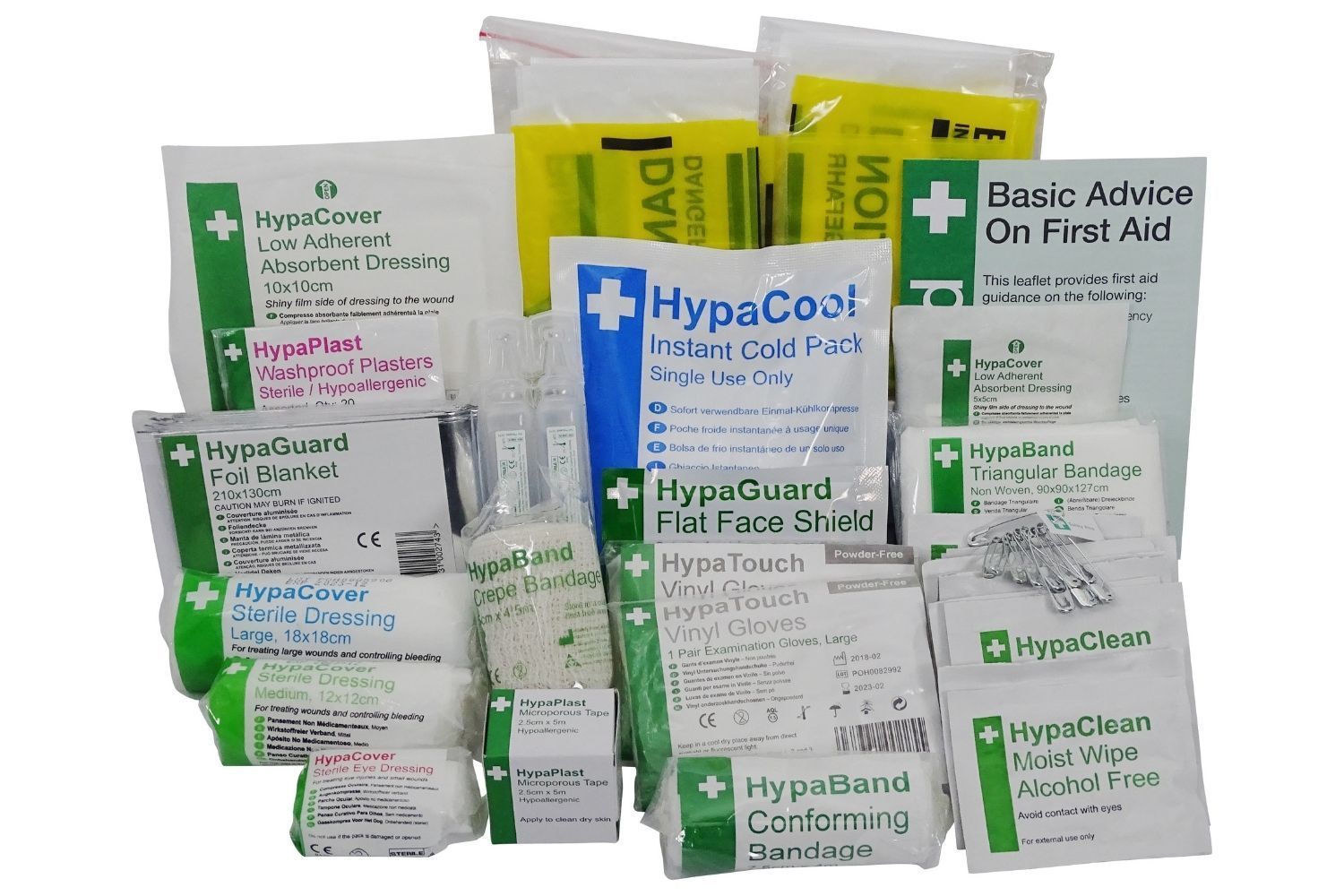 A bunch of first aid supplies including hypocool