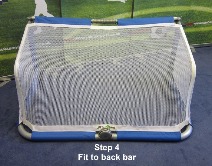 A picture of a soccer goal that says step 4 fit to back bar