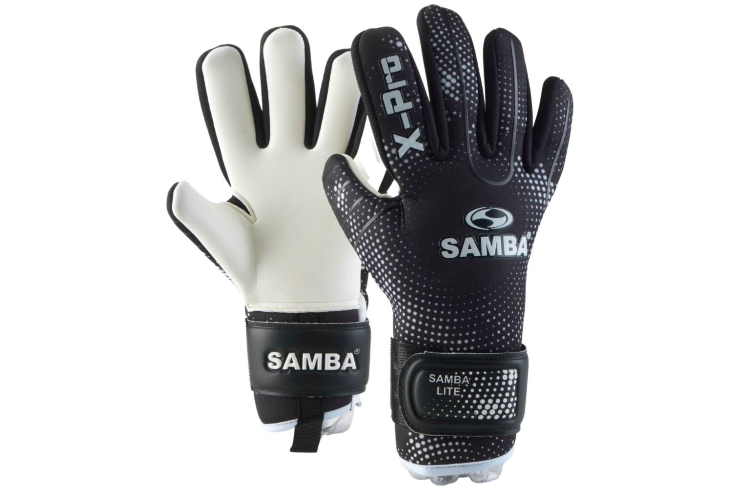 A pair of black and white goalie gloves from samba