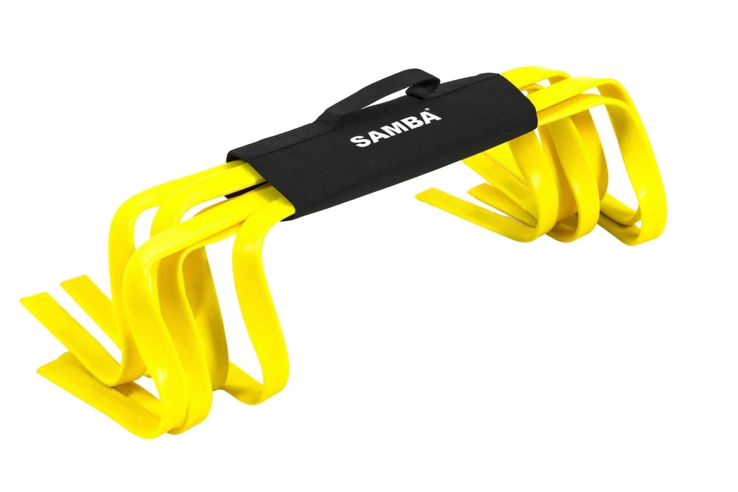 A set of yellow hurdles with the word samba on the handle