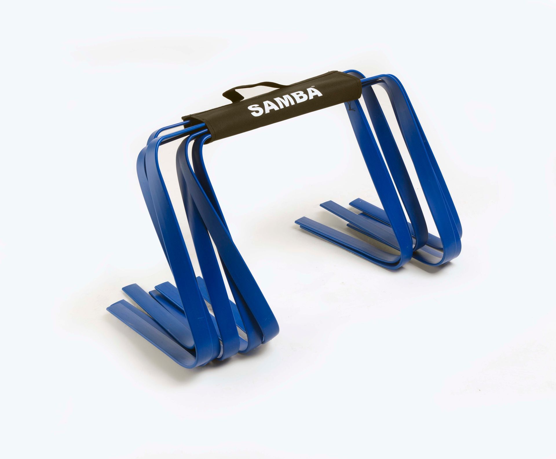 A pair of blue samba hurdles on a white surface