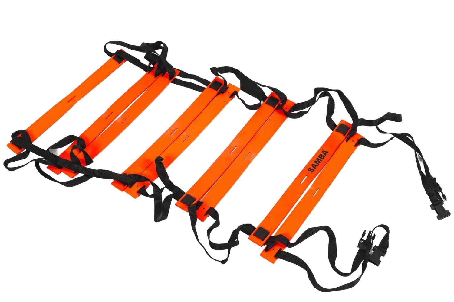 A set of orange ladder with black straps on a white background