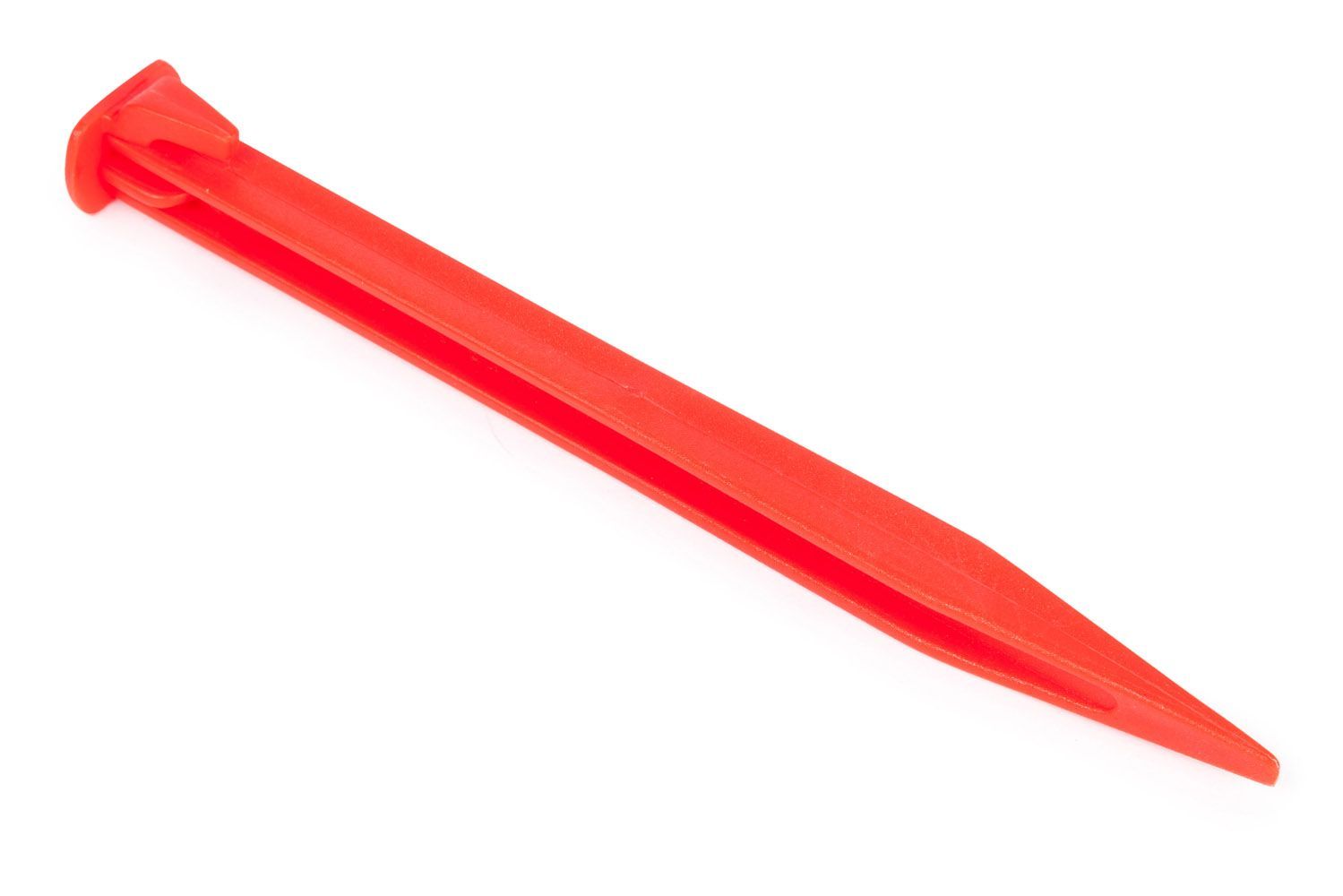 A red plastic stake on a white background