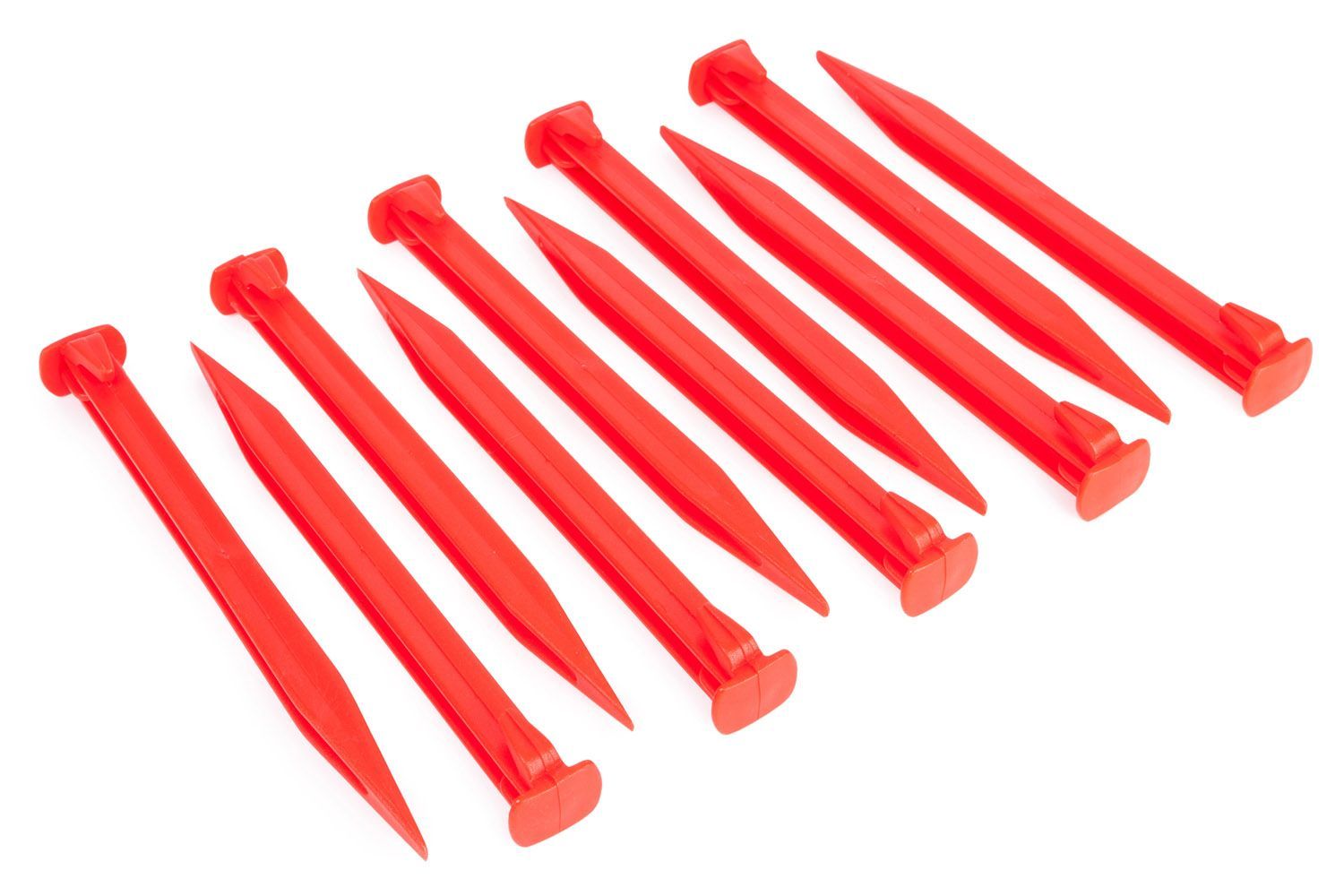 A red plastic stake on a white background