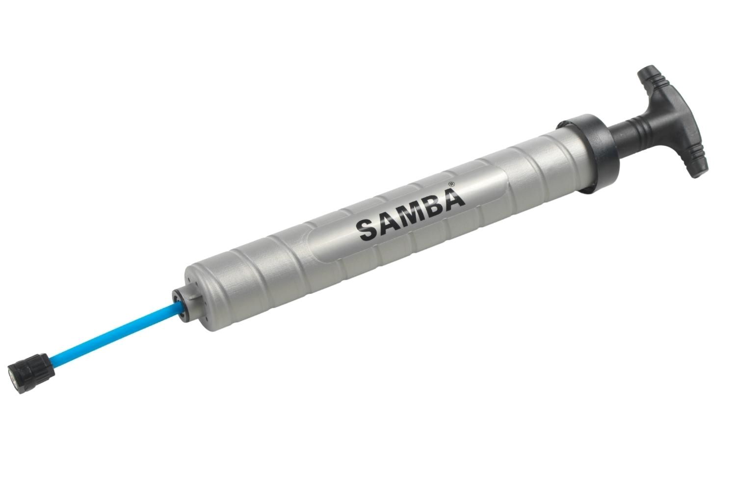A samba pump with a blue hose on a white background